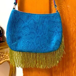 Betsy Johnson Turquoise Snakeskin Purse with Sequins Fringe